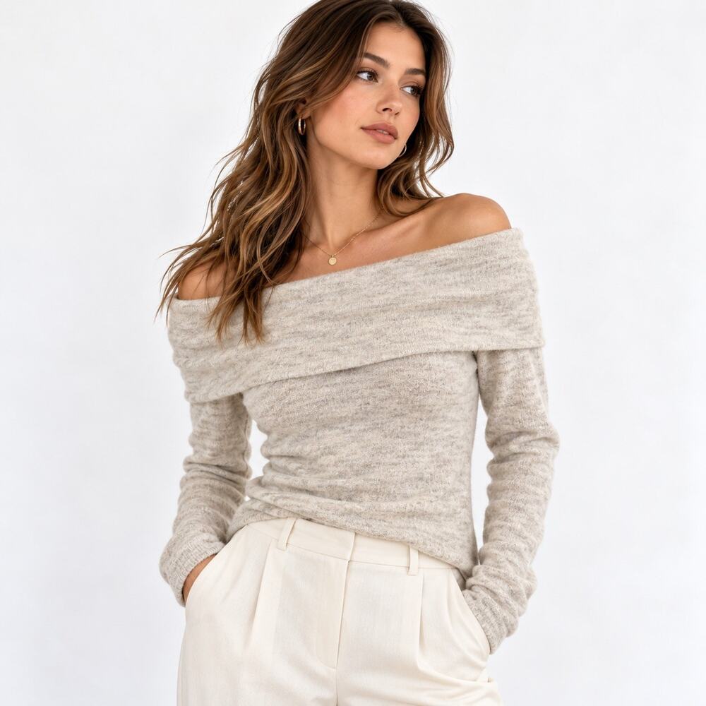 Madewell Alpaca Blend Off Shoulder Sweater S Heather Alabaster 62% Alpaca Knit